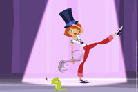 Groove High Image, Zoe
                dancing on stage in top hat, with cane, Scoot looking
                blase